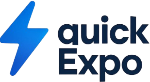 Logo of quick Expo with a blue lightning bolt on a white background